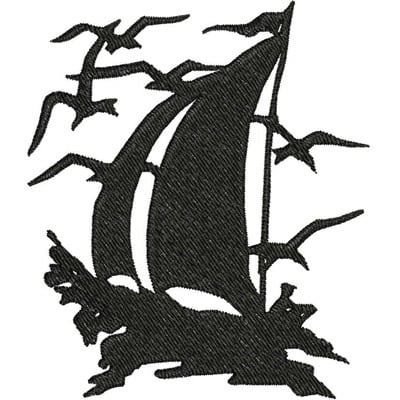 An embroidery design of a silhouette of a sailboat surrounded by stylized birds.