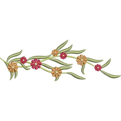 An embroidery design of a delicate floral vine featuring orange and pink flowers intertwined with green leaves.