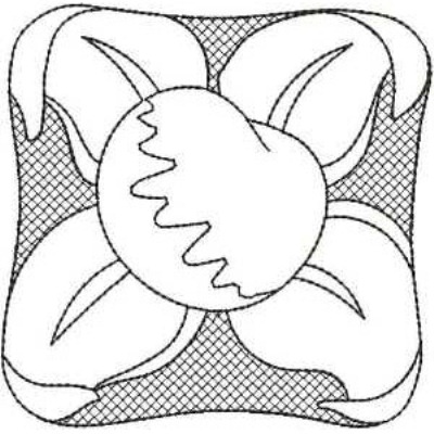 An embroidery design of a central heart surrounded by four stylized leaves.