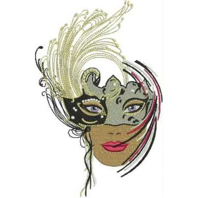 An embroidery design of a masked figure with elegant features, adorned with intricate details and flowing accents.