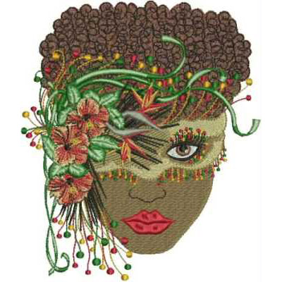 An embroidery design of a stylized face featuring intricate patterns, vibrant flowers, and decorative elements in natural hues.