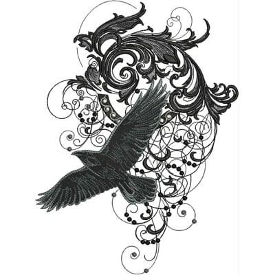 An embroidery design of a soaring black bird intertwined with intricate swirling patterns and decorative elements.