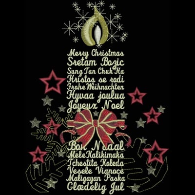 An embroidery design of a Christmas candle surrounded by festive words in various languages, adorned with bows and stars.
