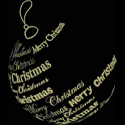 An embroidery design of a decorative ornament featuring the phrase "Merry Christmas" artistically arranged in various sizes and orientations.