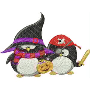 An embroidery design of two whimsical penguins, one dressed as a witch with a black hat and purple scarf, and the other as a pirate holding a sword beside a carved pumpkin.