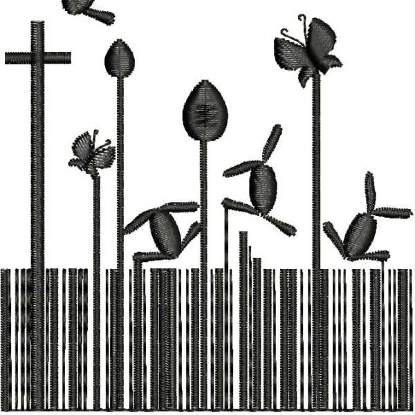 An embroidery design of playful bunnies, flowers, and butterflies above the words "HAPPY EASTER" in a decorative style.