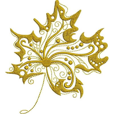 An embroidery design of a stylized golden leaf featuring intricate swirls and floral accents.