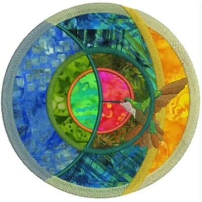 An embroidery design of a colorful circular pattern featuring a hummingbird, surrounded by vibrant sections of blue, green, yellow, and a central pink circle.