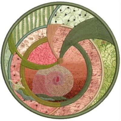 An embroidery design of a circular arrangement featuring interlocking shapes and vibrant colors, including shades of green, pink, and orange, with varied textures and patterns.