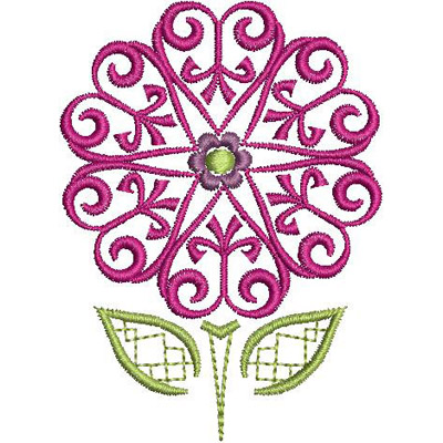 An embroidery design of an intricate floral motif featuring swirling pink petals and green leaves with a central flower.