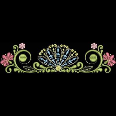 An embroidery design of a decorative floral motif featuring intricate leaves, petals, and vibrant colors, creating a graceful and elegant aesthetic.