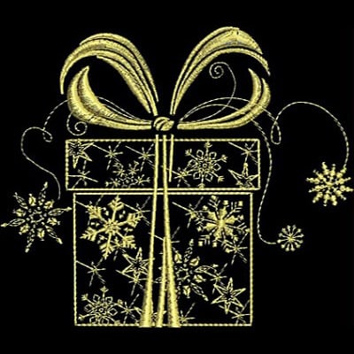 An embroidery design of a beautifully wrapped gift box adorned with a decorative bow and intricate snowflakes.