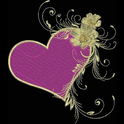 An embroidery design of a vibrant pink heart adorned with delicate golden floral accents and swirling embellishments.