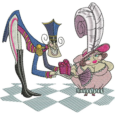 An embroidery design of a whimsical character in a tall hat presenting a gift to a plump lady with an extravagant feathered hat.