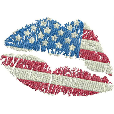 An embroidery design of lips filled with the American flag's red, white, and blue colors.