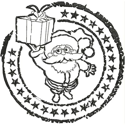 An embroidery design of Santa Claus joyfully holding a gift, surrounded by a circular pattern of stars.