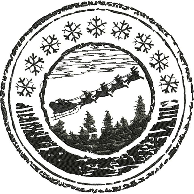 An embroidery design of a sleigh being pulled by reindeer, surrounded by snowflakes and silhouettes of trees in a circular frame.