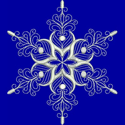 An embroidery design of an intricate snowflake featuring elegant swirls and symmetrical patterns.