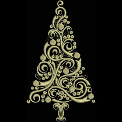 An embroidery design of a stylized Christmas tree adorned with swirling patterns and decorative ornaments.