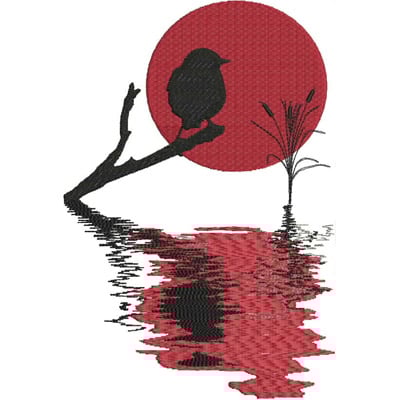An embroidery design of a silhouetted bird perched on a branch with a large red sun and reflections in the water below.