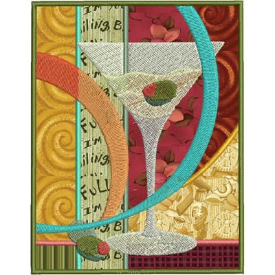 An embroidery design of a stylized cocktail glass garnished with olives, surrounded by colorful geometric shapes and patterns.