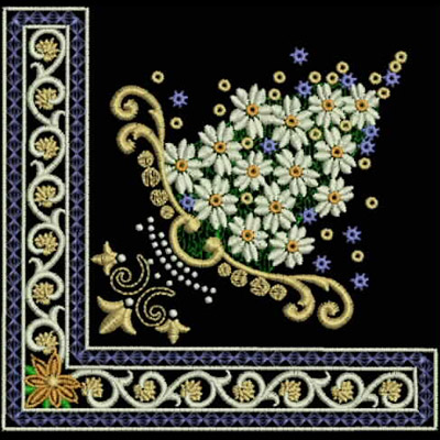 An embroidery design of a beautifully arranged floral corner featuring white daisies and purple flowers, adorned with ornate swirls and accents in gold and blue.
