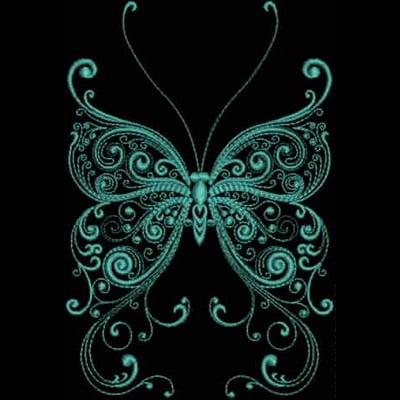 An embroidery design of an intricately detailed butterfly featuring swirling patterns and elegant antennae in a turquoise hue.