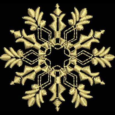 Snowflake16 Digital machine embroidery design "Snowfall" in the christmas theme for 2x2, 3x3 and 4x4 hoops an embroidery design of a symmetrical snowflake featuring intricate leaf patterns and geometric shapes in a golden color. from Kreations by Kara.