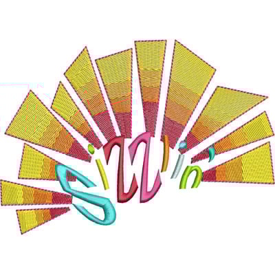 An embroidery design of stylized, vibrant sun rays in shades of yellow and pink surrounding the playful text "Swin'in’" in colorful lettering.