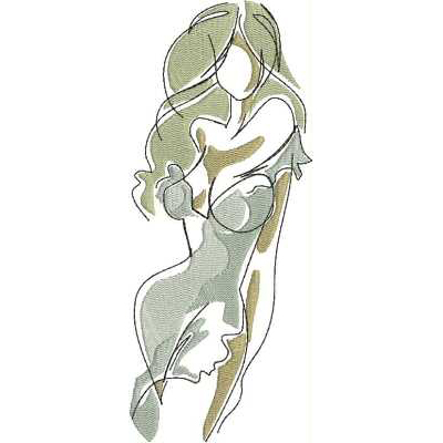 An embroidery design of a graceful, abstract figure of a woman with flowing hair and draped clothing, created using soft, flowing lines and subtle color variations.