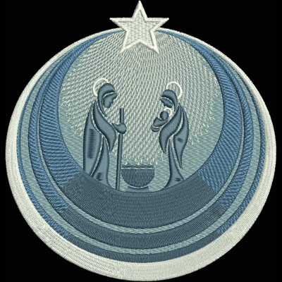 An embroidery design of a nativity scene featuring Mary, Joseph, and baby Jesus encircled by layered blue elements and topped with a star.