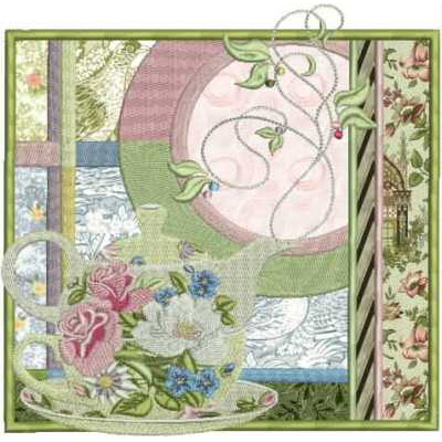 An embroidery design of a decorative teapot adorned with vibrant flowers and delicate vines.