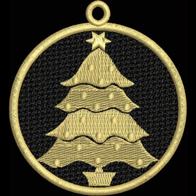 An embroidery design of a stylized gold Christmas tree with layered branches and a star on top, enclosed in a circular frame.
