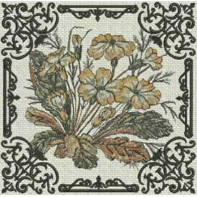 An embroidery design of a bouquet of delicate flowers in shades of yellow and green, framed by ornate black scrollwork.