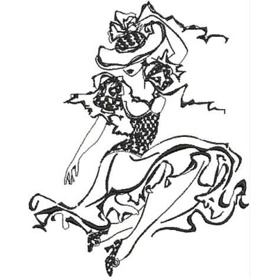 An embroidery design of a graceful woman in a flowing dress and a large hat, elegantly posed with one arm raised.