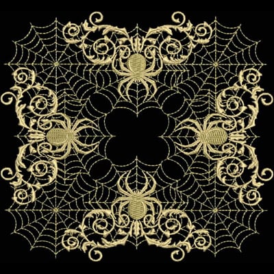 An embroidery design of intricate spider webs adorned with elegant scrolls and detailed spiders.