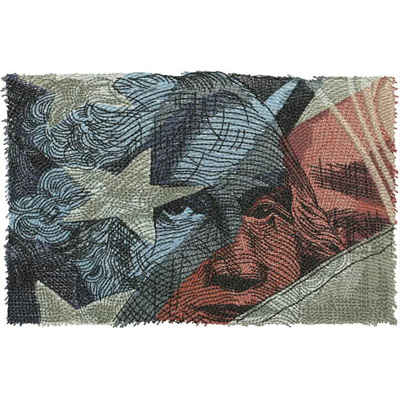 An embroidery design of a stylized portrait featuring a prominent figure with dynamic outlines and vibrant colors, incorporating abstract shapes.