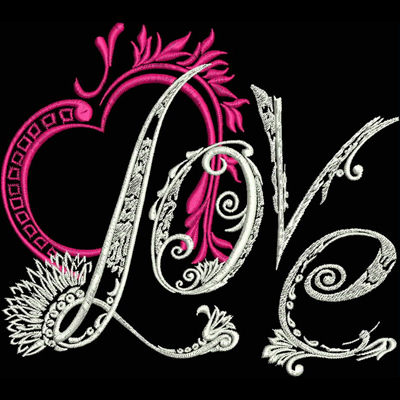 An embroidery design of the word "Love" featuring intricate scrollwork and a vibrant pink heart motif.