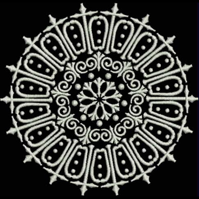 An embroidery design of a decorative circular motif featuring intricate swirls and floral patterns arranged symmetrically.