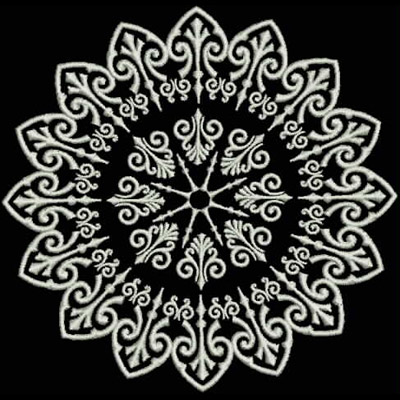 An embroidery design of intricate swirling patterns arranged in a circular motif, showcasing a blend of floral and geometric elements.