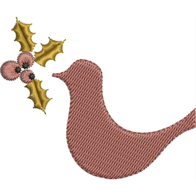 An embroidery design of a stylized pink bird accompanied by holly leaves and bright red berries.