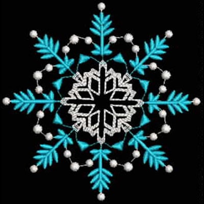 An embroidery design of a decorative snowflake featuring intricate patterns and vibrant turquoise and white elements.