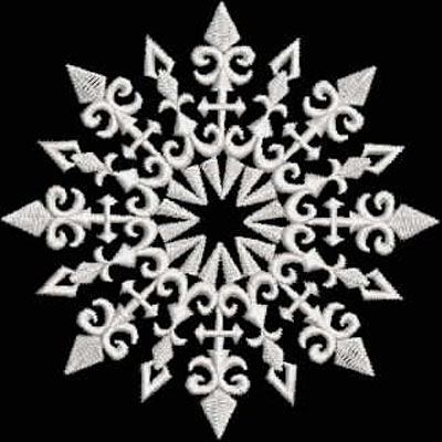 An embroidery design of an intricate white snowflake featuring ornate shapes and detailed points radiating outward.