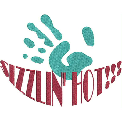 An embroidery design of the phrase "Sizzlin' Hot!!" accented with playful splashes in teal and a dynamic layout.