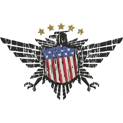 An embroidery design of a stylized eagle with outstretched wings, featuring a shield adorned with red and white stripes and blue stars, complemented by five gold stars above.
