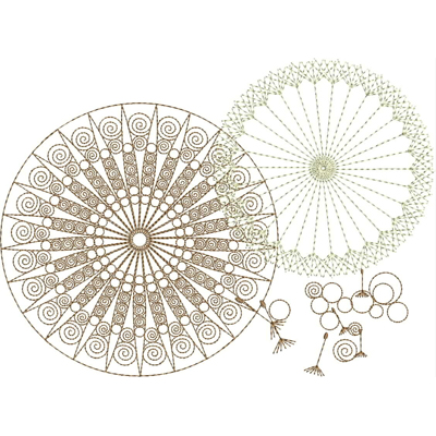 An embroidery design of intricate circular patterns featuring spirals and concentric motifs in varying shades.