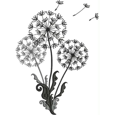 An embroidery design of three delicate dandelion flowers with wispy seeds blowing away.