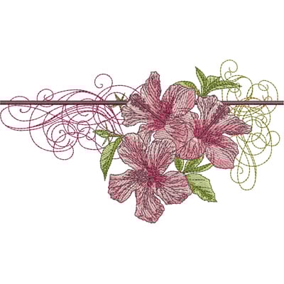 An embroidery design of three beautifully detailed pink flowers accompanied by green leaves and swirling decorative lines.