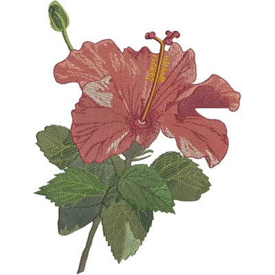 An embroidery design of a vibrant hibiscus flower with detailed petals and green leaves.