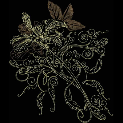 An embroidery design of a delicate floral arrangement featuring a hibiscus flower, elegant leaves, and intricate swirls.
